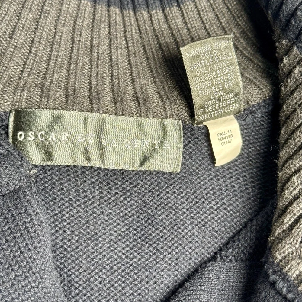 Oscar de la Renta Funnel Neck Cotton Dark Blue Ribbed Button Cardigan Sz XL